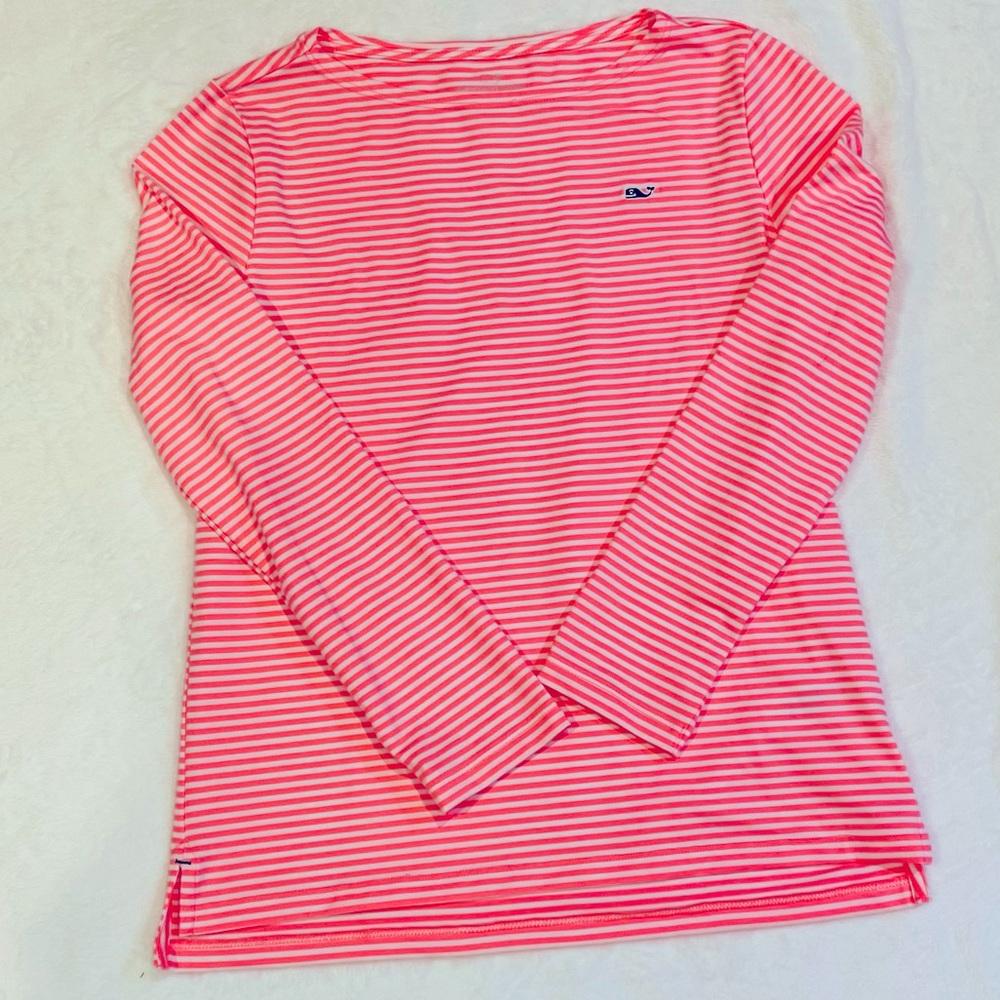 Girls Vineyard Vines Coral Striped Performance Long Sleeve Shirt.  Size L (14).